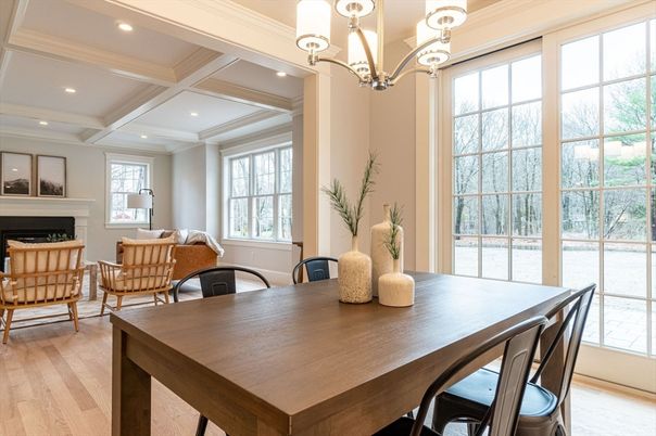 Chandelier, Dining room, Fireplace, Interior, Living room, Recessed Lighting, Wood Texture Flooring