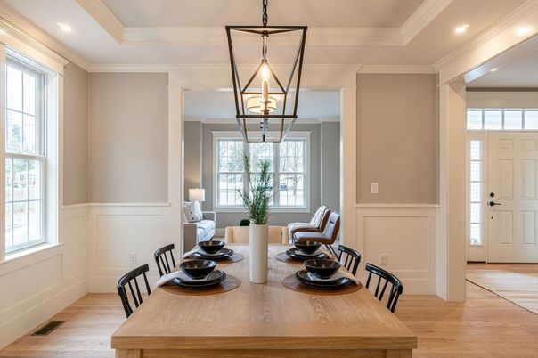 Dining room, Interior, Pendant Lights, Recessed Lighting, Wood Texture Flooring