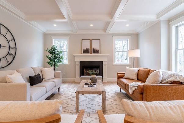Fireplace, Interior, Living room, Recessed Lighting, Wood Texture Flooring