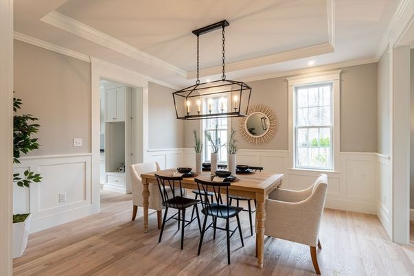 Dining room, Interior, Pendant Lights, Recessed Lighting, Wood Texture Flooring