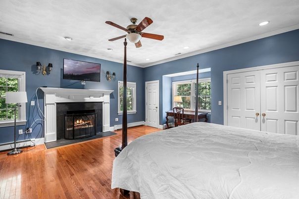 Bedroom, Fireplace, Interior, Recessed Lighting, Wood Texture Flooring