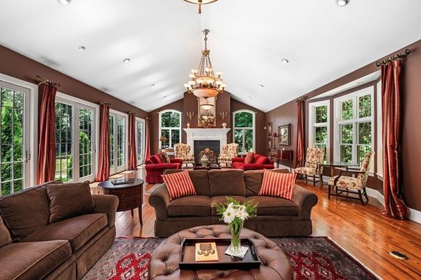 Chandelier, Fireplace, Interior, Living room, Recessed Lighting, Wood Texture Flooring