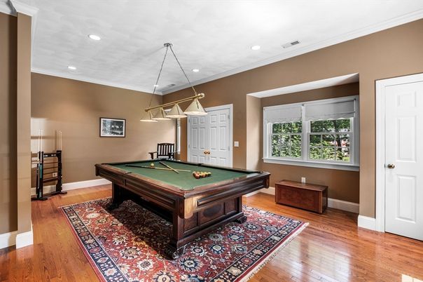 Billiard Table, Game Room, Interior, Pendant Lights, Recessed Lighting, Wood Texture Flooring