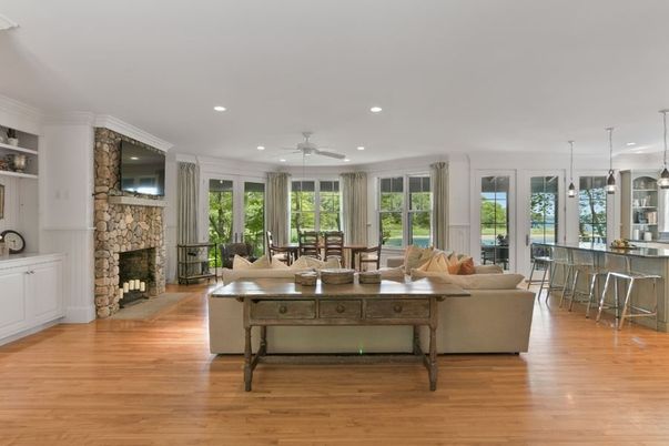 Dining room, Fireplace, Interior, Living room, Pendant Lights, Recessed Lighting, Wood Texture Flooring