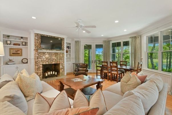 Dining room, Fireplace, Interior, Living room, Recessed Lighting, Wood Texture Flooring