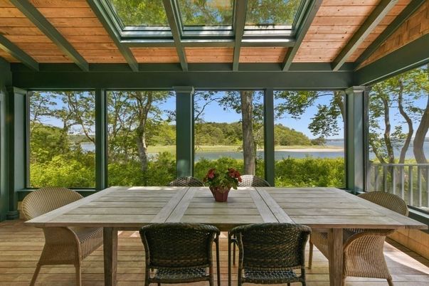 Dining room, Interior, Sun Room, Water, Wooden Beams, Wooden Ceilings, Wood Texture Flooring