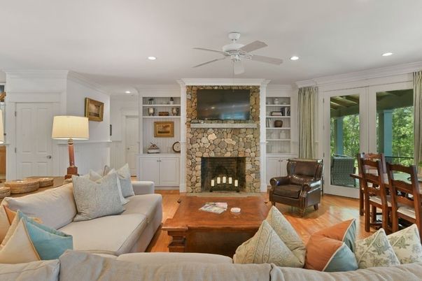 Fireplace, Interior, Living room, Recessed Lighting, Wood Texture Flooring