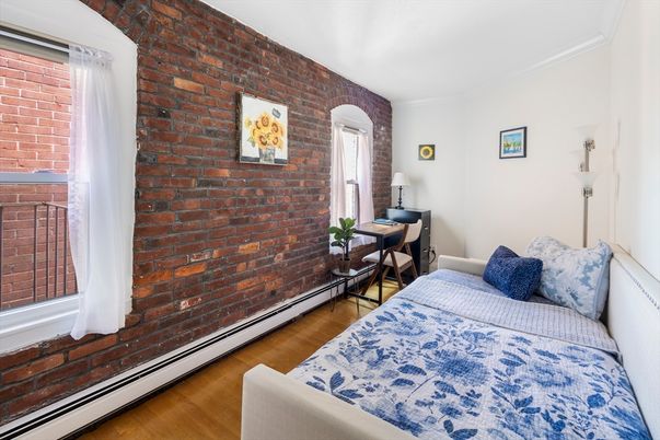 Bedroom, Interior, Stone Walls, Wood Texture Flooring