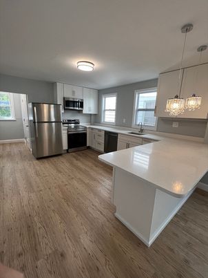 Interior, Kitchen, Pendant Lights, Stainless Steel Appliances, Wood Texture Flooring
