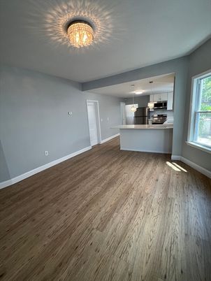 Empty room, Interior, Kitchen, Pendant Lights, Stainless Steel Appliances, Wood Texture Flooring