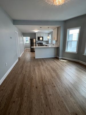 Empty room, Interior, Kitchen, Pendant Lights, Stainless Steel Appliances, Wood Texture Flooring