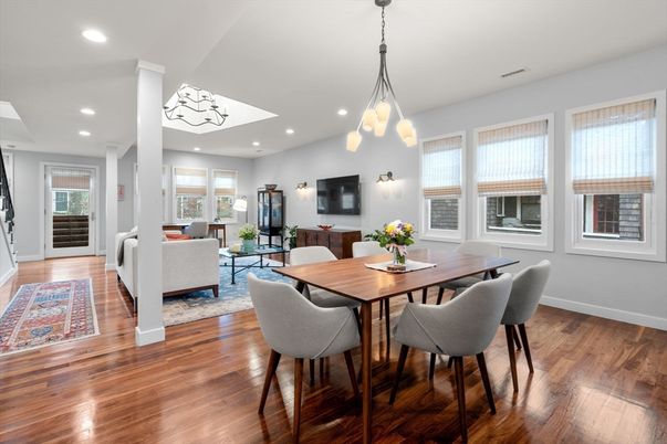 Dining room, Interior, Living room, Pendant Lights, Recessed Lighting, Wood Texture Flooring