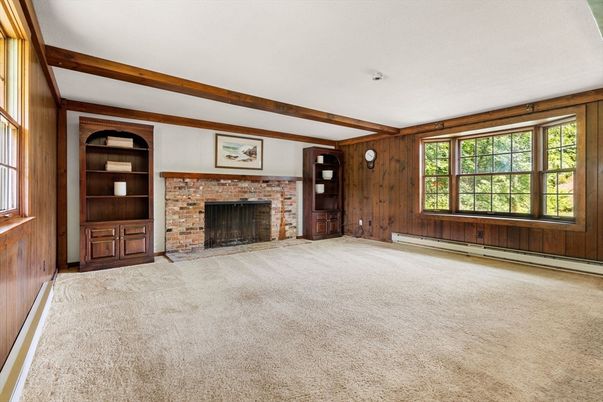 Empty room, Fireplace, Interior, Wooden Beams, Wooden Walls
