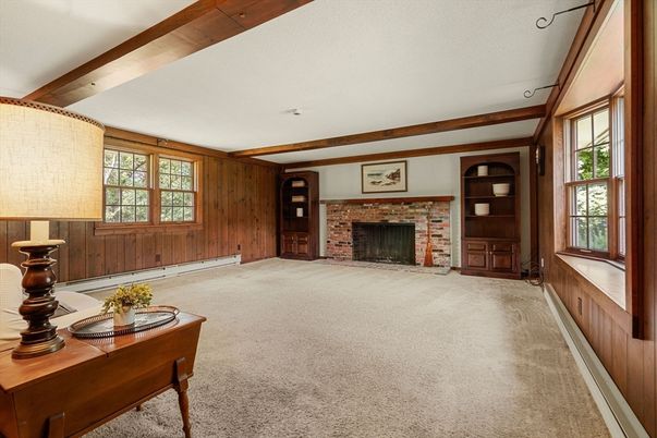 Empty room, Fireplace, Interior, Stone Walls, Wooden Beams, Wooden Walls