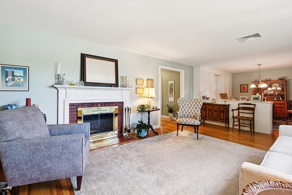 Fireplace, Interior, Kitchen, Pendant Lights, Wood Texture Flooring