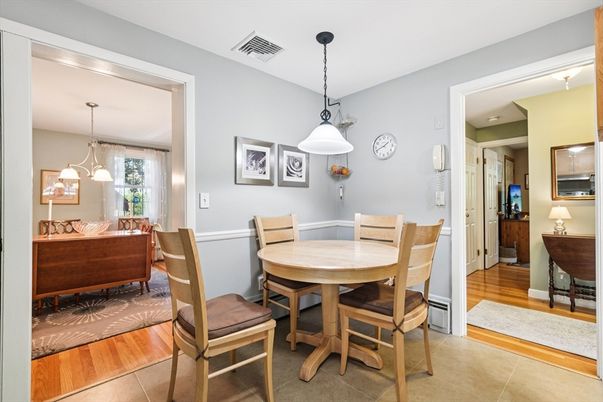 Dining room, Interior, Pendant Lights, Wood Texture Flooring