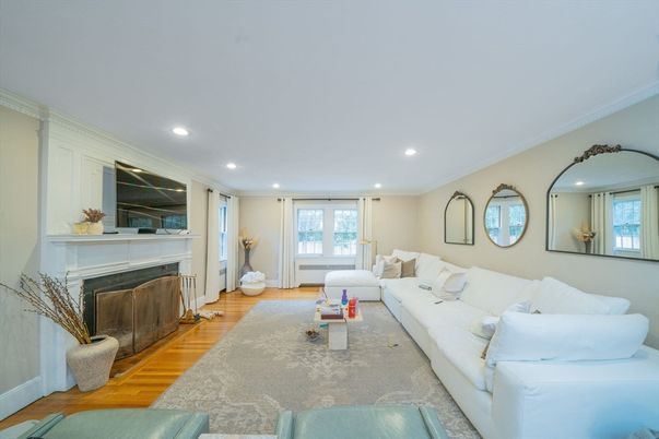 Fireplace, Interior, Living room, Recessed Lighting, Wood Texture Flooring