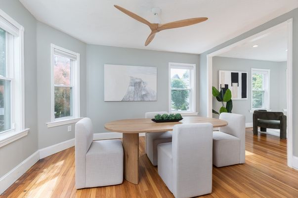 Dining room, Interior, Recessed Lighting, Wood Texture Flooring