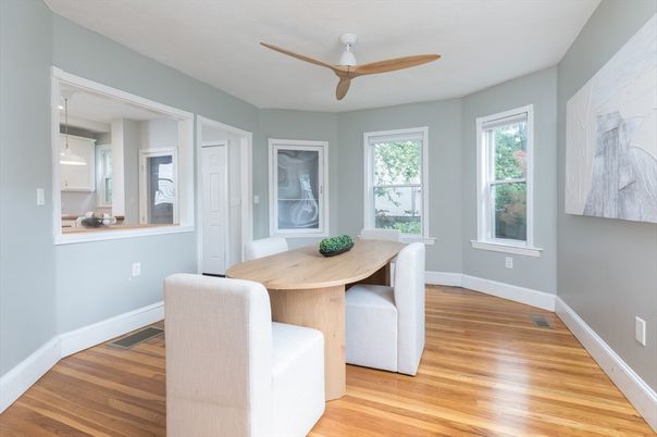 Dining room, Interior, Pendant Lights, Wood Texture Flooring