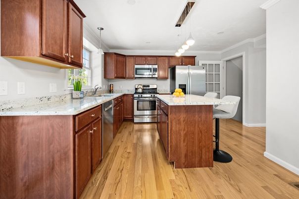 Interior, Kitchen, Pendant Lights, Stainless Steel Appliances, Wood Texture Flooring