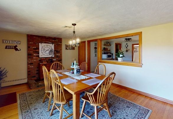 Dining room, Interior, Pendant Lights, Stone Walls, Wood Texture Flooring