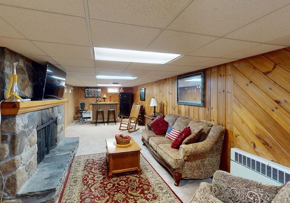 Fireplace, Interior, Living room, Recessed Lighting, Wooden Walls