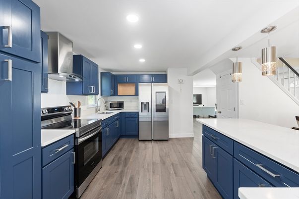 Interior, Kitchen, Pendant Lights, Recessed Lighting, Stainless Steel Appliances, Wood Texture Flooring