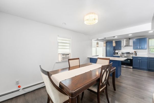 Dining room, Interior, Kitchen, Recessed Lighting, Stainless Steel Appliances, Wood Texture Flooring