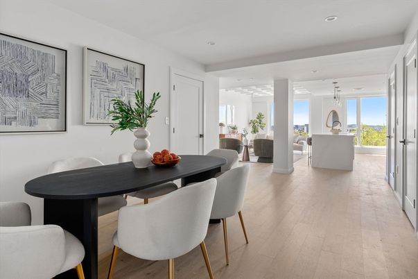 Dining room, Interior, Living room, Pendant Lights, Recessed Lighting, Wood Texture Flooring