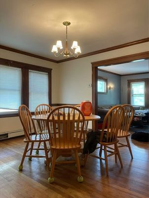 Chandelier, Dining room, Interior, Wood Texture Flooring