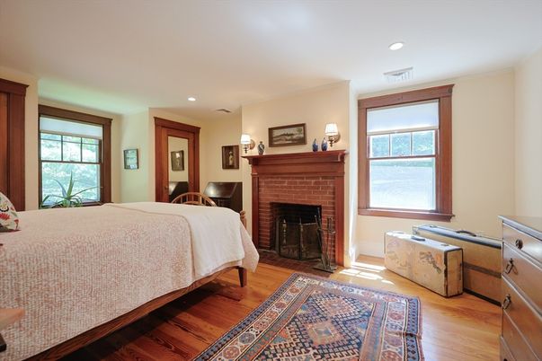 Bedroom, Fireplace, Interior, Recessed Lighting, Wood Texture Flooring