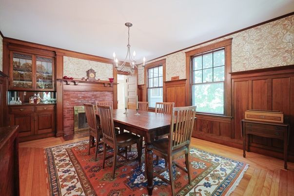 Chandelier, Dining room, Fireplace, Interior, Wood Texture Flooring