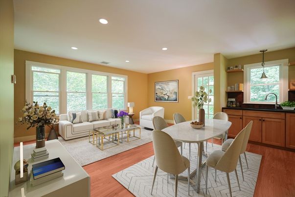 Dining room, Interior, Living room, Pendant Lights, Recessed Lighting, Wood Texture Flooring