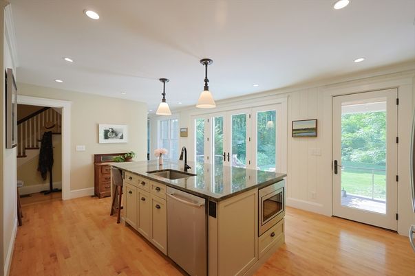 Interior, Kitchen, Pendant Lights, Recessed Lighting, Wood Texture Flooring