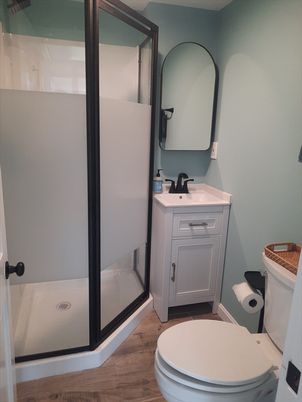 Bathroom, Glass Shower, Interior, Wood Texture Flooring