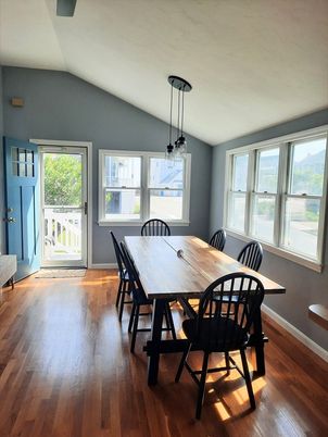 Dining room, Interior, Pendant Lights, Wood Texture Flooring