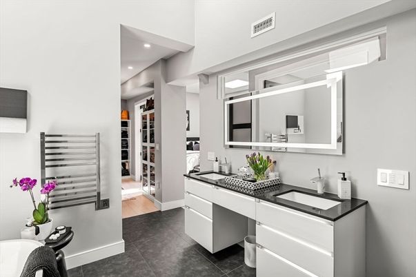 Bathroom, Dual Sink Vanities, Interior, Recessed Lighting, Wood Texture Flooring