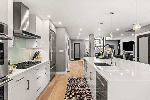 Interior, Kitchen, Pendant Lights, Recessed Lighting, Stainless Steel Appliances, Wood Texture Flooring