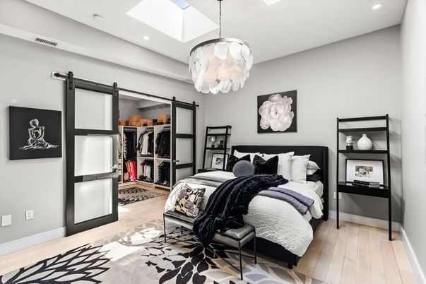 Bedroom, Interior, Pendant Lights, Recessed Lighting, Wood Texture Flooring