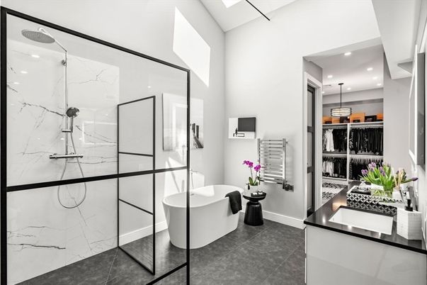 Bathroom, Free Standing Baths, Glass Shower, Interior, Marble Walls, Pendant Lights, Recessed Lighting