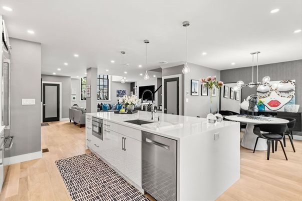 Interior, Kitchen, Living room, Pendant Lights, Recessed Lighting, Stainless Steel Appliances, Wood Texture Flooring