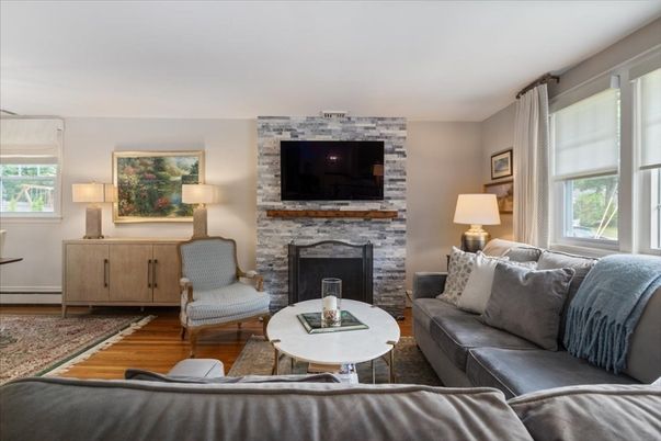 Fireplace, Interior, Living room, Stone Walls, Wood Texture Flooring