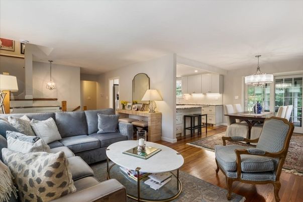 Dining room, Fireplace, Interior, Living room, Pendant Lights, Recessed Lighting, Wood Texture Flooring