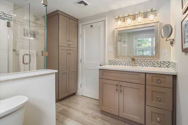 Bathroom, Glass Shower, Interior, Wood Texture Flooring