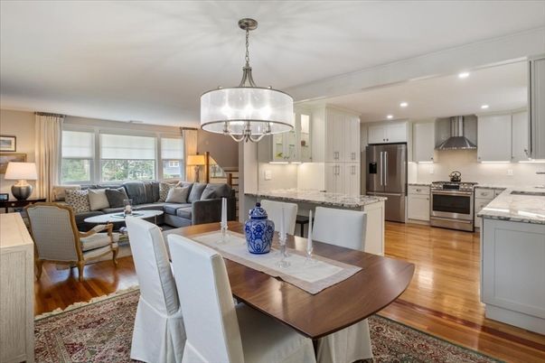 Chandelier, Dining room, Interior, Kitchen, Living room, Recessed Lighting, Stainless Steel Appliances, Wood Texture Flooring