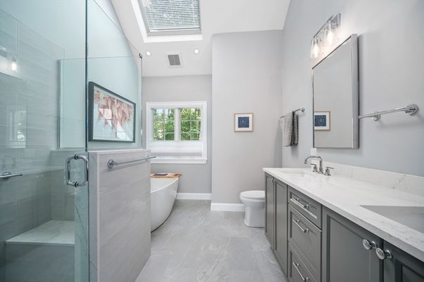 Bathroom, Dual Sink Vanities, Free Standing Baths, Glass Shower, Interior, Marble, Recessed Lighting
