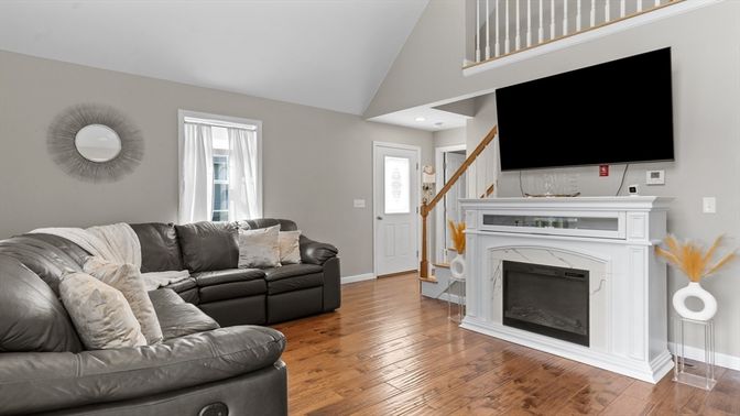 Fireplace, Interior, Living room, Recessed Lighting, Wood Texture Flooring