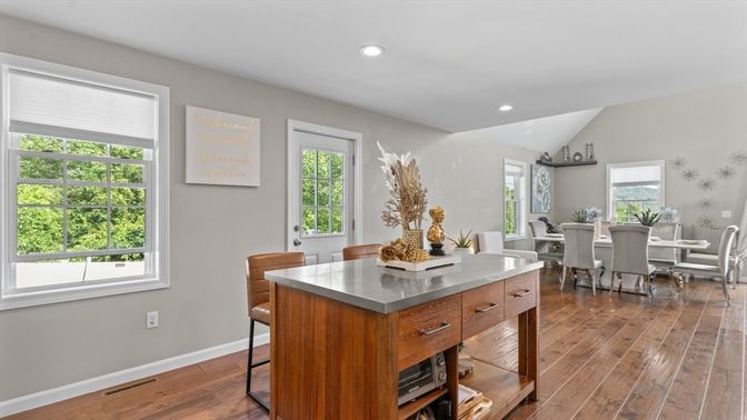 Dining room, Interior, Recessed Lighting, Wood Texture Flooring