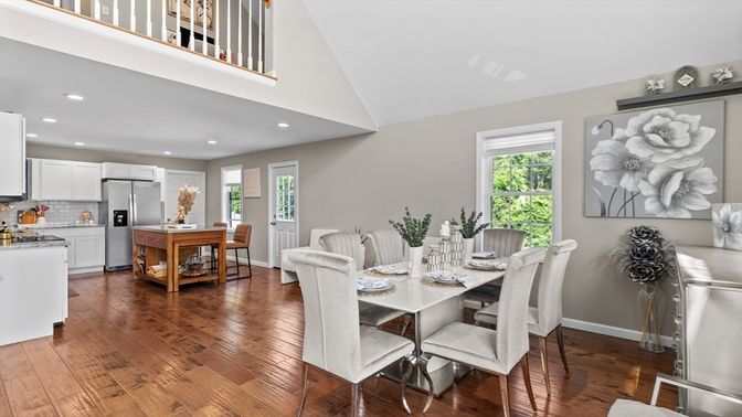 Dining room, Interior, Kitchen, Recessed Lighting, Stainless Steel Appliances, Wood Texture Flooring