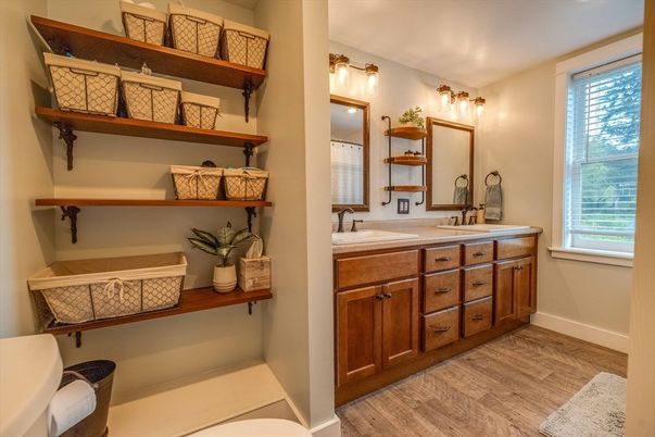 Bathroom, Dual Sink Vanities, Interior, Wood Texture Flooring